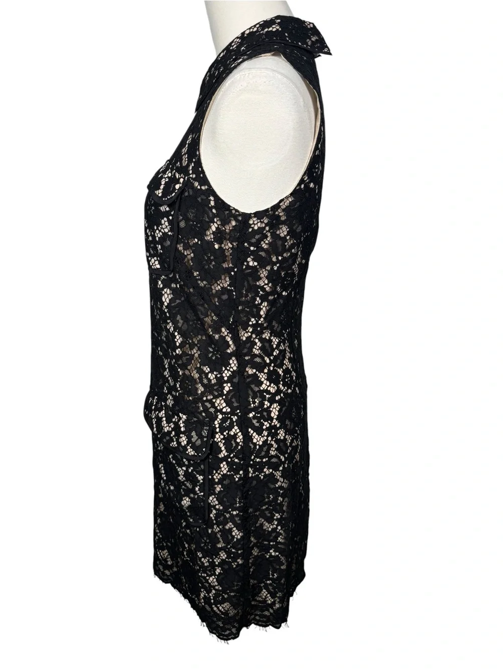 J.Crew Black Lace Cocktail Dress Scalloped Nude Lining Sleeveless Pockets Size 2